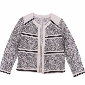 Chicos Floral Lace White Black Open Front Sheer Jacket Womens Size Small 0